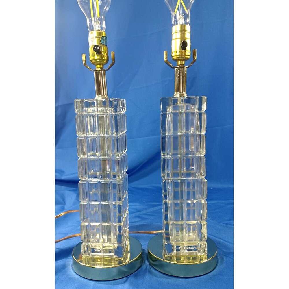 Mid Century Hollywood Regency Crystal & Brass Window Pane Cube Tower Lamps Set